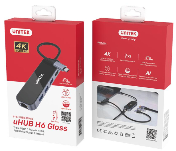UNITEK HUB USB-C 3.1 - RJ-45, HDMI 4K, PD100W, 3x USB-A D1084A - 1062639 - zdjęcie 8